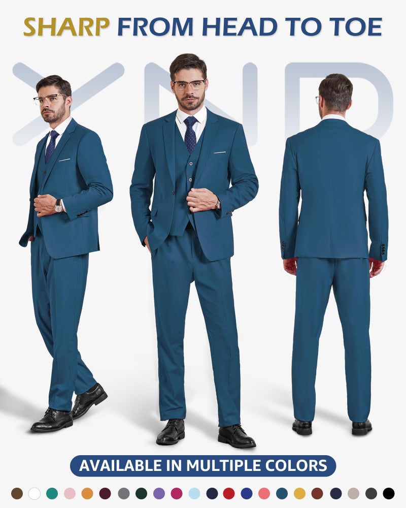 YND Men's Slim Fit 3 Piece Suit Set, One Button Solid Blazer Vest Pants with Tie, for Wedding Party Proms and Business, Light Blue - Image 2